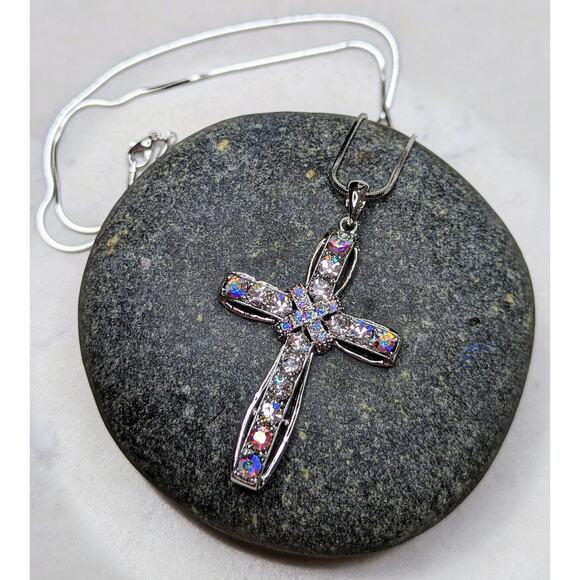 White Gold Plated Crystal Cross Necklace - Picture 10 of 12